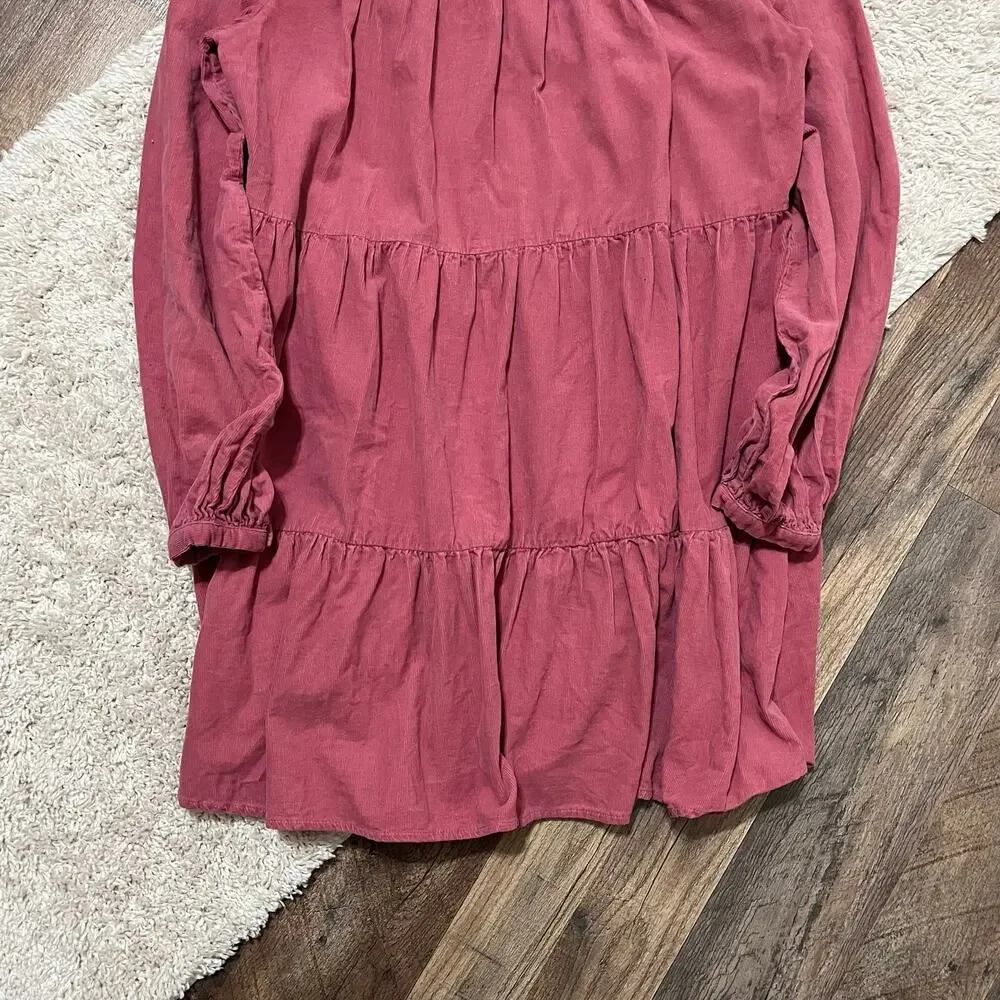 Altar'd State Size Medium Pink Corduroy Long Sleeve Tiered Keyhole Mini Dress
